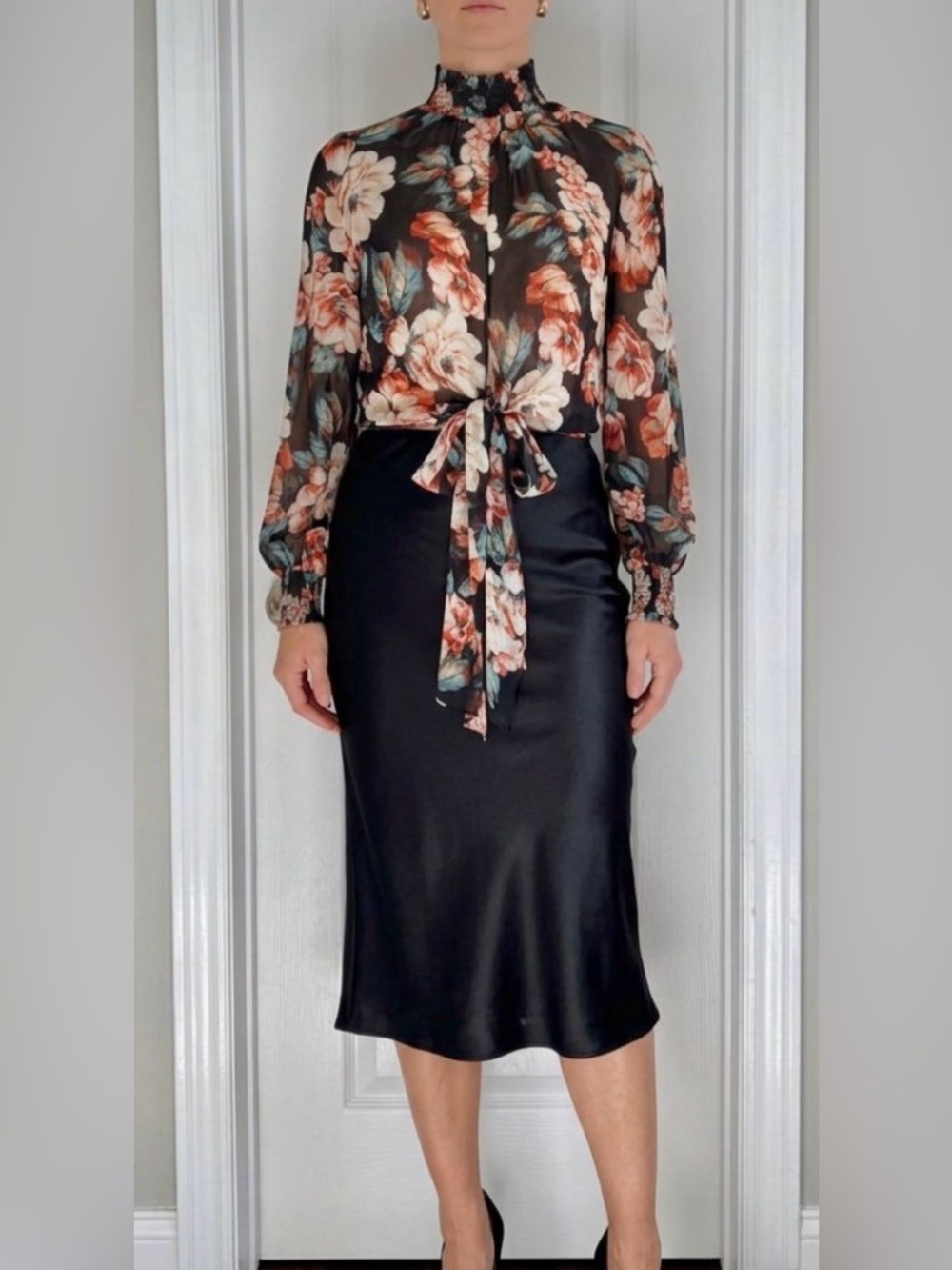 100% SILK NICHOLAS Australia Black Floral Tie-Front High Neck Blouse